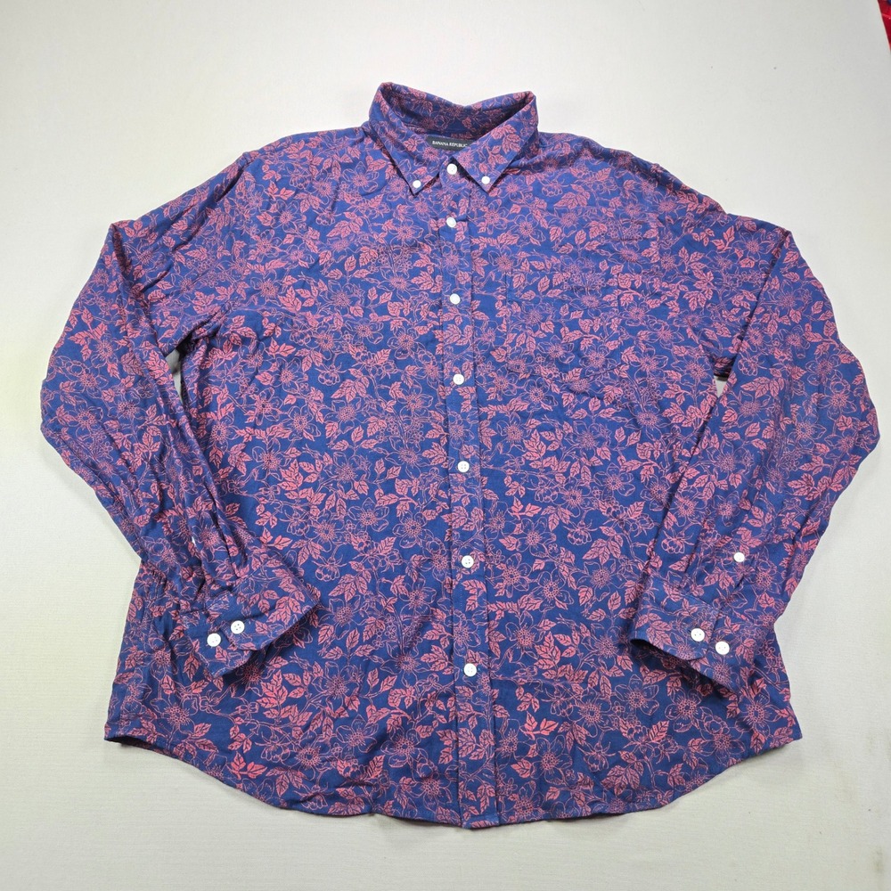Banana Republic Shirt Floral Untucked Slim Fit Button Down Blue Mens XL